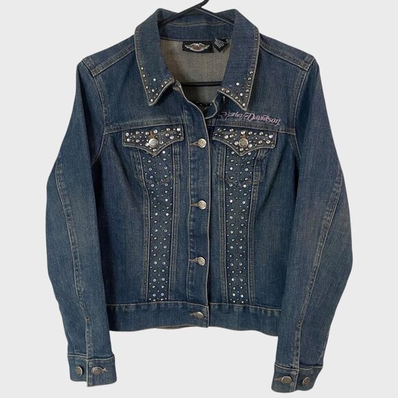 Harley-Davidson Jackets & Blazers - Y2K Harley-Davidson Embroidered Jean Jacket Women's Small Rhinestone Studded
